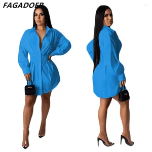 Casual Kleider FAGADOER Frauen Elegante Hemden Sexy Laterne Hülse Korsett Mini Kleid Büro Dame Kleidung 2024 Herbst Streetwear Blau