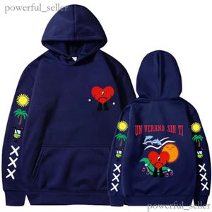 Herrtröjor tröjor dålig bunny un verano sin ti grafik dubbelsidig tryck hoodie kvinnor överdimensionerade unisex pullover streetwear rockar 803