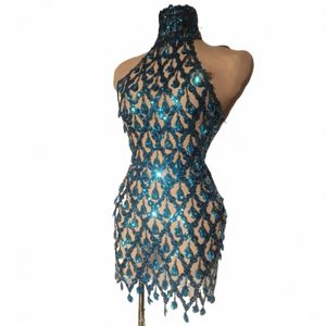 Seksi Parti Akşam Balo Dr Blue Sparkly Rhinestes Kısa Dr Fotoğraf Çekimi Dr Singer Stage Wear Shaokaojia W3SF#