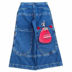 hip Hop JNCO Jeans Y2k Mens Harajuku Kangaroo Graphic Big Pocket Blue Vintage Baggy Jeans Gothic High Waist Wide Trouser d9qU#