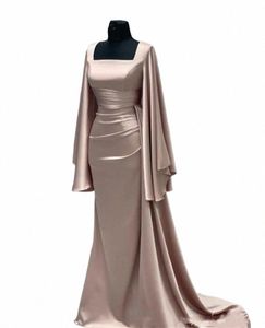 Muslim Satin Mermaid Evening Dr LG Sleeves Champagne Square Collar Wedding OCN GOWNS Dubai Arab Porm Dres for Women 36R6#