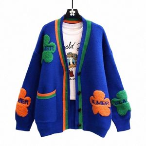 FI Kvinnor Stickade Sweaters Coat Autumn Winter Korean LG Sleeve V-ringade fickor Butt Cardigans Streetwear Casual Jersey H3OW#