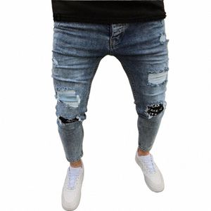 Calças de brim masculinas de cintura alta Zipper Stretch Jeans Casual Slim Fit Calças Masculinas Calças Lápis Denim Skinny Jeans para Homens Rasgados w1JJ #