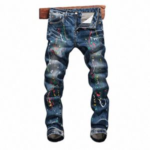 Street Style Fi Jeans da uomo Retro Blue Painted Designer Slim Fit Jeans strappati Pantaloni elasticizzati da uomo Pantaloni denim Hip Hop Hombre Z7Jf #