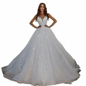 Elegant V Neck Wedding Dres 2024 Sexig baksida ärmspetsapplikationer med pärlor Tåg av brudklänningar Vestidos de Novia T2V6#