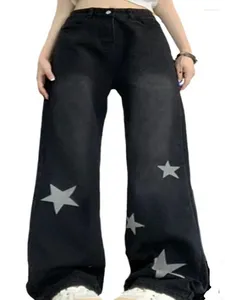 Damen-Jeans, Damen-Jeans mit Stern-Motiv, lockere Taille, Denim-Hose, gerades Bein, weite Hose
