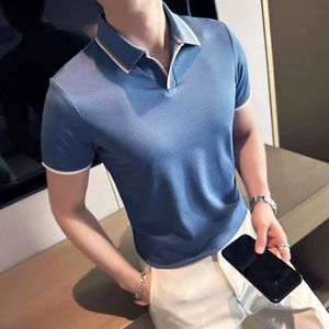 2023 Летняя стильная мужская повседневная приталенная рубашка поло с коротким рукавом, однотонная, британская синяя футболка с лацканами, поло S4XL 240320
