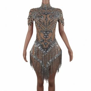 Sparkle Sier Rhineste Mesh Dr paljetter Tassels Women Birthday Party Celebrate Dr Nightclub Showgirl Costume Cuimian 80i5#