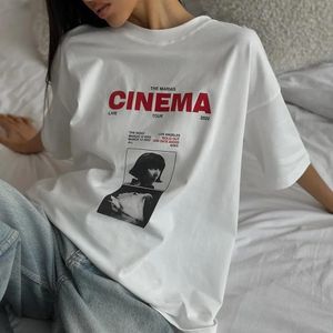 순수한 면화 초상화 편지 Tshirt 인쇄 느슨한 둥근 목 짧은 슬리브 여성 여름 패션 하이 스트리트 Y2K Top 240329