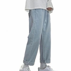 män jeans brett ben rakt lös full längd denim byxor rumpa blixtlås stängning retro streetwear män lg byxor q3bi#