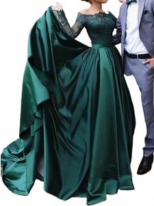 ciynsia Emerald Green Evening Gowns 2024 Off the Shoulder Satin Lace Lg Sleeves Formal Dr Prom Ball Gown In Stock x8t9#