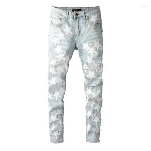 Men's Jeans S Distressed Streetwear Light Blue Denim Pants Leather White Stars Patchwork Moustache Holes Ripped