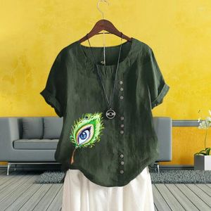 Kvinnors T-skjortor Summer Leisure Cartoon Eye Graphic Loose Vintage Ladies Linen Solid Color Blouse Round Neck Kort ärmar Toppar XS-5XL