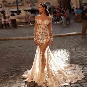 Abiti sexy urbani Vedi attraverso applicazioni di pizzo Illusione di nozze Ricami Abiti a sirena Abito da sposa lungo in tulle su misura yq240329