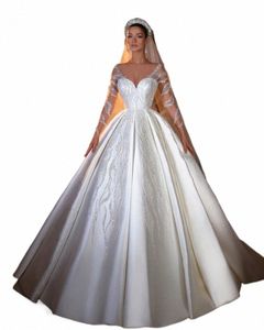 new Arrivals Shiny Beading Crystal Sequins Lg Sleeve Satin A-Line Wedding Dr Vestido De Noiva 42Hl#