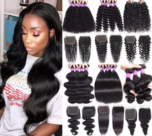 9A Malaysian Deep Wave Curly Virgin Human Hair Bundles With Closure Human Hair Weave Body Wave Bundles With 4x4 Lace Closure Hair 9874026