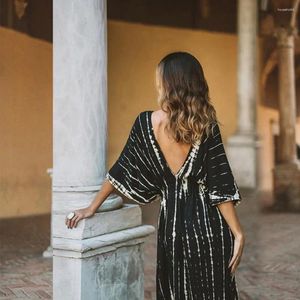 Casual Dresses Sun Protection Clothing Loose Fit Beach Dress Striped V Neck Maxi With High Waist Split Hem Women's Bikini Cover-up