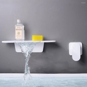 Bathroom Sink Faucets Bathtub Faucet White Brass Wall Mount Waterfall Spout Single Lever Vanity Mixer Water Tap 0731