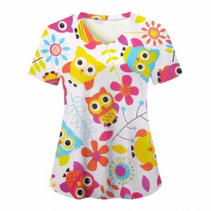 colorful Carto Print Scrub Tops Women Summer Pocket Uniform Pet Care Workwear Spa Beauty Sal Healthcare Tunic enfermeria w2O6#