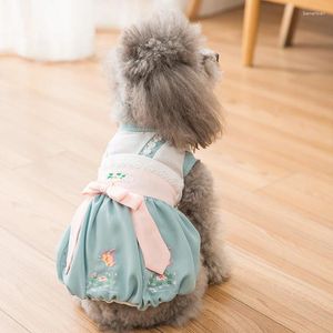 犬のアパレル中国の伝統的なスタイルハンフペットドレスドレス猫の服夏の花の刺繍入りスカートドレス子犬の子猫のための犬