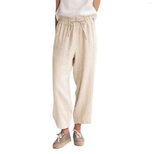 Calças femininas capris verão cor sólida casual solto bolso algodão linho nove minutos pantalones de mujer ropa entrega vestuário clo otag0