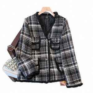 150kg Plus Size Women's Bust 157 Autumn Winter Loose Small Fragrant Coat Thickened Thousand Bird Checker Top Black x6yM#