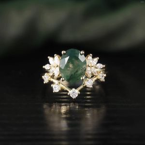 Cluster Rings GEM'S BALLET Vintage Green Moss Agate Art Deco Promise Ring Unique Curved Wedding Band Set 925 Sterling Silver