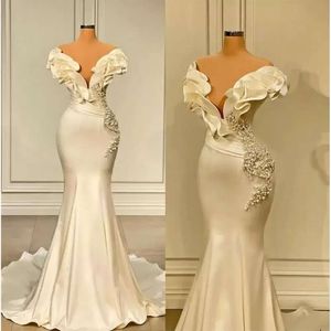 Elegant Satin Mermaid Evening Dresses Off The Shoulder Ruffles Floor Length Flowers Beaded Pearls Long Party Ocn Prom Gowns Formal Wears BC