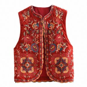 vintage autumn Floral Embroidery Sequins Veet women vest 2023 Fi sleevel cardigan Ladies Outerwear Casual Waistcoat l8Ve#