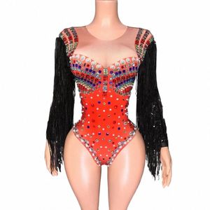 scintillante Rhinestes Nero Paillettes Frange Manica Body Donna Sexy Performance Costume di danza Discoteca Cantante Ballerino Stage Wear n3ju #