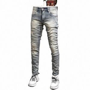 Vintage rasgado estiramento jeans masculino streetwear casual luz azul cott magro ajuste calças jeans r01k #