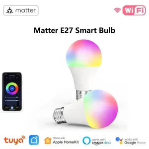 Control Matter Tuya WiFi E27 LED Light Bulb 9W RGBCW Dimmable Smart LED Bulb Homekit APP Remote Control work with Siri Alexa Google Home