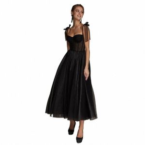 fdhaolu Black Tea Length Evening Dr Spaghetti Straps Bow Sweetheart Neck Simple Wedding Party For Woman Robe De Soriee Femme 621g#