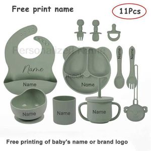 Copos pratos utensílios crianças silicone urso placa conjunto de alimentação do bebê personalização personalizada nome do bebê 11pcs crianças silicone talheres bpa livre 240329