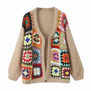 Keanketian Winter New Women's Holiday Wind Ręcznie roszczony geometryczny kolor Ctrast Krótki sweter Grube przędzy Kardigan T7wp#