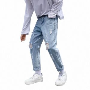 Männliche Cowboy-Hosen, abgeschnittene Jeans für Männer, gebrochene Hosen, zerrissen, zerrissen mit Löchern, gerade, Baggy, Sommer, Harajuku, Original, klassisch, R3GY #