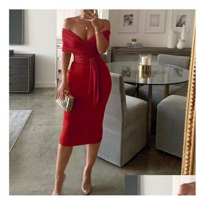 Basic Casual Dresses Fashion Bandage Party Dress Women Autumn Strapless Midi Bodycon Elegant Celebrity Clubwear Vestidos Drop Delivery Dhm8N