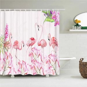 Duschgardiner nordisk stil rosa flamingo blomma tryckt tyg gardin blommig badskärm vattentät badrumsdekor med krokar
