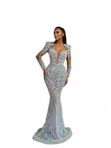 arabic Sier Lg Sleeves Evening Dres Middle East Beaded Mirror Crystals Formal Prom Gowns Elegant for Wedding Party k1Uj#