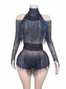 sexy Transparent Mesh Balck Tassels Women Bodysuit Sparking Black Rhineste Birthday Party Bar Wear Stage Performance Costumes 40L3#