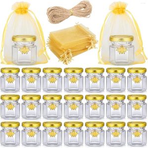 Bottiglie di stoccaggio 20 pezzi 1,5 Oz Mini vasetti di miele in vetro esagonale Coperchi dorati Occhiali per conserve per baby shower Bomboniere