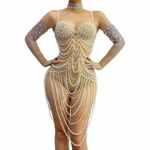 Mulheres Sexy Stage Luxury Ver através de pérolas Bodysuit Aniversário Evening Club Vestidos com luvas Black Girl Prom Photo Shoot Bodysuit D37z #