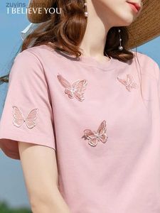 女性用Tシャツ夏のT-Shirsクールな技術刺繍ソフトTシャツ穏やかなスリムなスリム半袖コットン女性服222201436724329