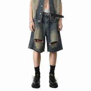 reddachic 90s Retro Men's Ripped Holes Denim Shorts Destroyed Wide Leg Pants Casual Cropped Jeans Jorts Y2k Harajuku Streetwear Q0rl#