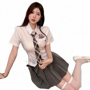 2024 estilo japonês blusa de manga curta + gravata + saia conjunto jk uniforme feminino coreano chique uniforme de marinheiro camisa saia roupas escolares m8Ru #