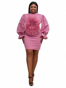 Kvinnors rosa mini DR med Big Rose FR High Neck LG Sleeve Bodyc Cocktail Kort klänningar Party Wedding Clubwear Plus Size D6F7#