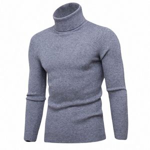 casual Men Turtleneck Sweater Autumn Winter Solid Color Knitted Slim Fit Pullovers Lg Sleeve Knitwear Warm Knitting Pullover a0UL#