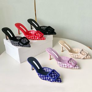 Grid prägling bälte spänne dekorativa mullerskor tofflor kvällskor kvinnors lyxdesigner mitt häl slip-on toffers aftonklänningskor storlek 35-42 med låda