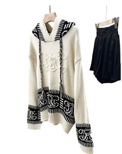 Design Damen-Pullover mit Kapuze, Farbblock, locker gestrickt, Logo-Muster, Jacquard-Pullover, SML