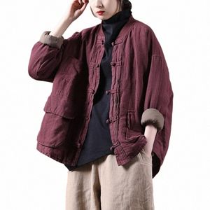 Etnisk stil retro groda Cott Coat Women Autumn Winter kinesisk fast färg LG-ärmad lös casual stuga och linne parkas s1ur#